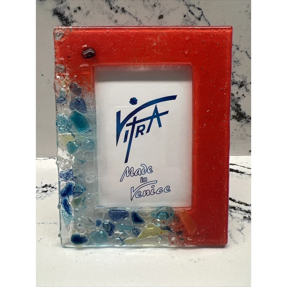 Vitra Murano Glass Picture Frames Set of 2 Red Blue Made in Venice Italy 2.5x3.5